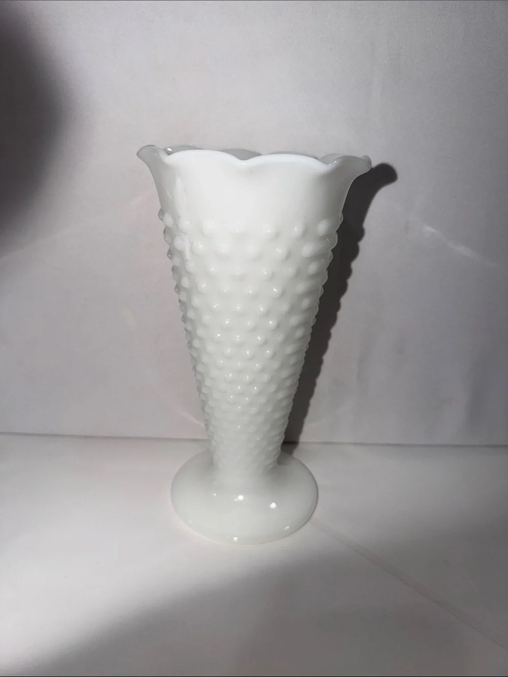 Vintage Anchor Hocking Milk Glass Hobnail Trumpet Vase 9.25